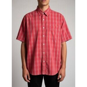 IZOD Men's Red White Plaid Short Sleeve Button-Down Cotton Shirt Size L